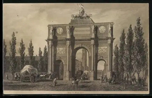 Künstler-AK München, Siegestor mit Kutschen und Pferdegespann
