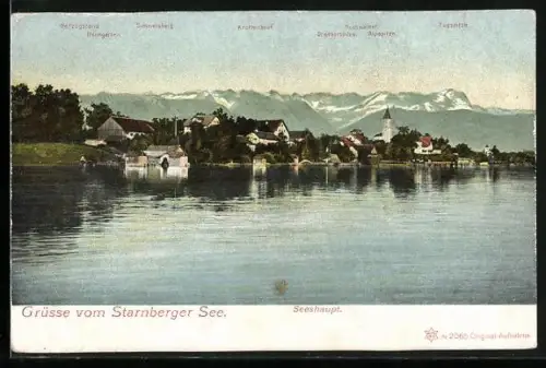 AK Seeshaupt, Ortsansicht am Starnberger See mit Bergpanorama
