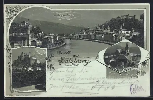 Mondschein-Lithographie Salzburg, Ortsansicht mit Festung Hohen-Salzburg