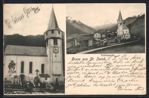 AK St. Anton am Arlberg, Gruss aus St. Jacob, Ortsansicht mit Kirche, Blick ins Tal