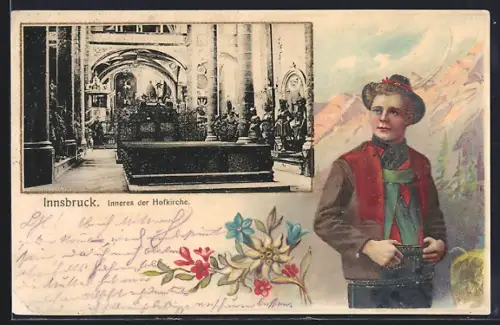 Präge-AK Innsbruck, Inneres der Hofkirche, Passepartout mit Wanderer