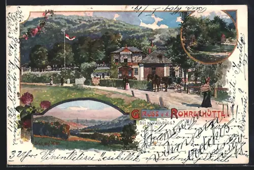 Künstler-AK Neuwaldegg, Gasthaus Rohrerhütte mit Blick auf Wien