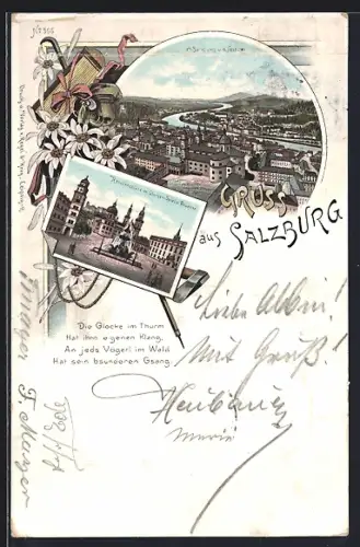Lithographie Salzburg, Residenzplatz m. Glocken-Spiel und Brunnen, Ortsansicht von der Festung