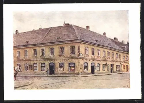 Künstler-AK Wien, Erdberg, Altes Apothekenhaus Zu den 5 Glückskugeln