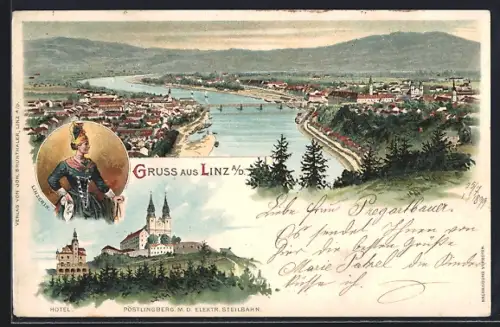 Lithographie Linz a.d. Donau, Hotel, Pöstlingberg m. d. elektr. Seilbahn, Ortsansicht