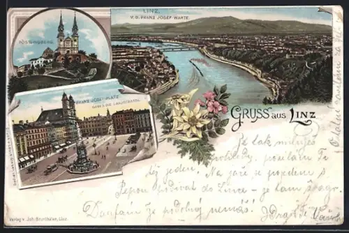 Lithographie Linz, Ortsansicht, Pöstlingberg, Franz-Josef Platz