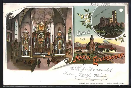 Lithographie Maria Enzersdorf, Schloss Liechtenstein, Kircheninneres und Kirche