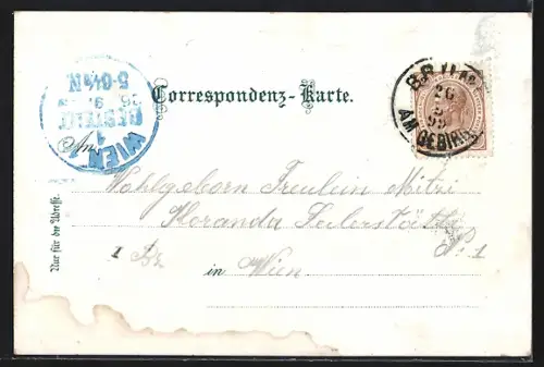 Lithographie Maria Enzersdorf, Schloss Liechtenstein, Kircheninneres und Kirche