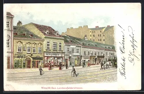 Lithographie Wien, Lerchenfelderstrasse mit Geschäften, Pferdebahn