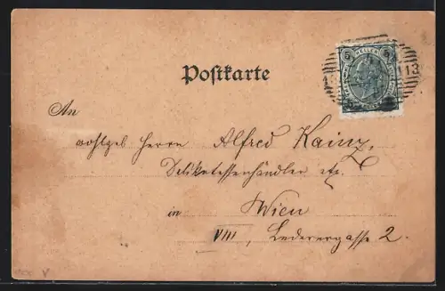 Lithographie Wien, Lerchenfelderstrasse mit Geschäften, Pferdebahn