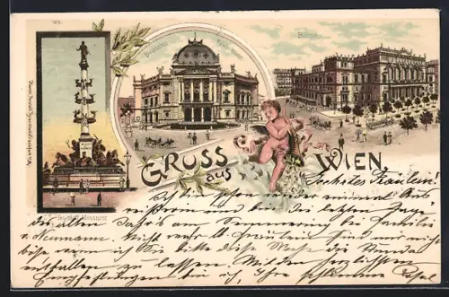 Lithographie Wien, Die Börse, Tegethoff-Monument, Deutsches Volkstheater