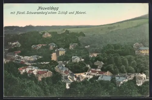 AK Neuwaldegg, Ortsansicht mit Fürstl. Schwarzenbergschem Schloss und Meierei