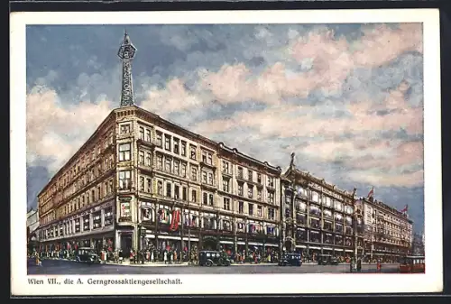 Künstler-AK Wien, Gebäude der A. Gerngross-Aktiengesellschaft und Strassenbahn