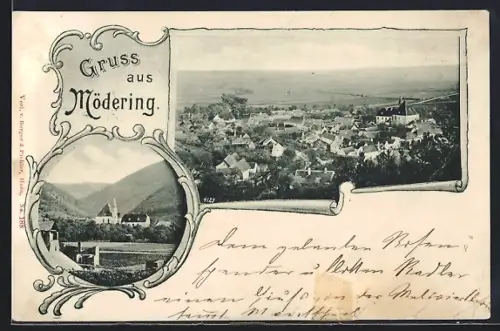 AK Horn /N.-Oe., Gruss aus Mödring, Teilansicht und Kirche im Passepartout