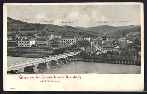 AK Kreisbach bei Wilhelmsburg, Flusspartie mit Hotel Laurer, Villa Panly und Villa Herz