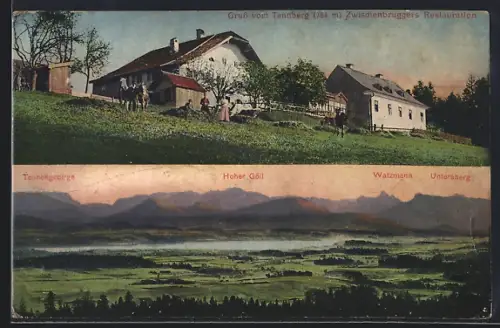 AK Köstendorf, Zwischenbruggers Restauration Tannberg, Bergpanorama