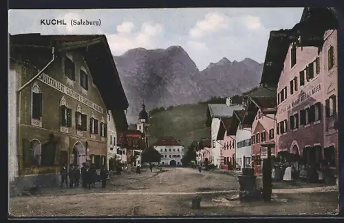 AK Kuchl, Strassenpartie mit Gasthaus Mühlthaller und Kirche