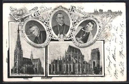 AK Linz a / D., Mariä Empfängnis Dom im Jahre 1898 und in seiner Vollendung, Bischof Franz Josef Rudigier