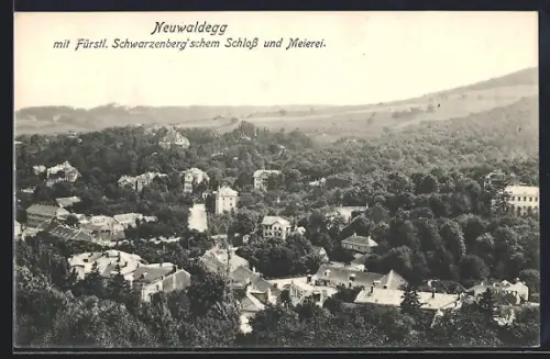 AK Neuwaldegg, Ortsansicht mit Fürstl. Schwarzenbergschem Schloss und Meierei