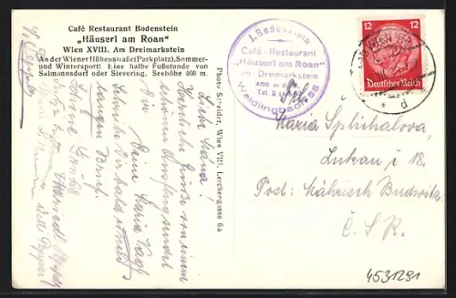 AK Wien, Dreimarkstein, Cafe und Restaurant Häuserl am Roan, Wiener Höhenstrasse, Inh. J. Bodenstein