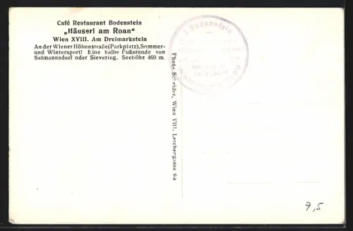 AK Wien, Dreimarkstein, Restaurant Häuserl am Roan an der Wiener Höhenstrasse, Inh. J. Bodenstein