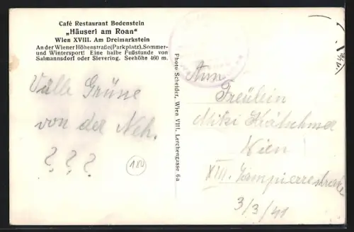 AK Wien, Dreimarkstein, Cafe und Restaurant Häuserl am Roan an der Wiener Höhenstrasse, Inh. J. Bodenstein