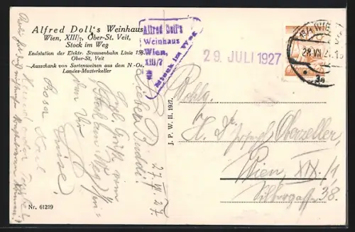 AK Wien, Ober-St. Veit, Weingasthaus Alfred Doll, Stock im Weg