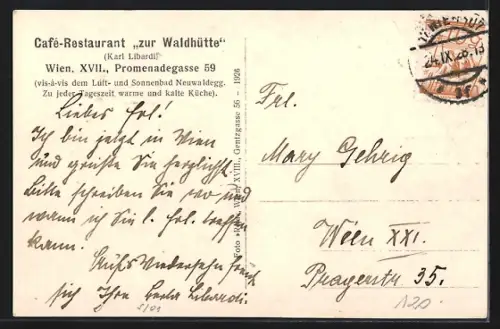 AK Wien, Cafe-Restaurant zur Waldhütte, Promenadegasse 59