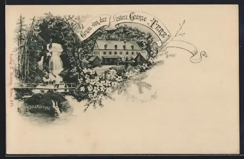 AK Mariazell, Terz, Österreichische Grenze mit Josef Maders Gasthof, Wasserfall Höllenseuche