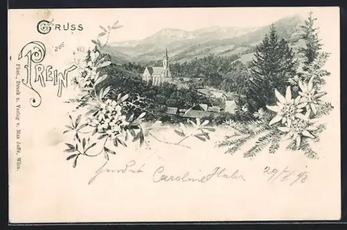 AK Prein, Ortspartie mit Kirche, Edelweiss