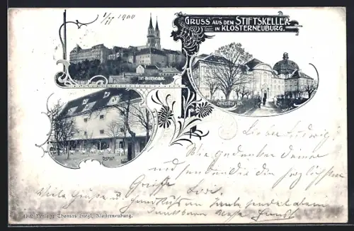 AK Klosterneuburg, Blick zum Stift, Chorherrenstift, Veranda vom Restaurant Stiftskeller