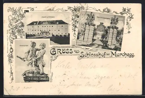 AK Engelhartstetten, Gruss aus Schlosshof bei Marchegg, Schloss, Total mit Siegestrophäen, Kindergruppe