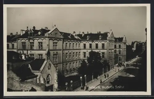 AK Wien, Rudolfs Spital mit Strassenpartie