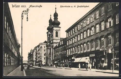 AK Wien, Alserstrasse mit Pfarrkirche zur heiligen Dreifaltigkeit