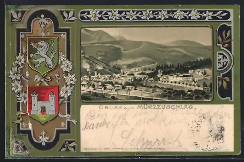 AK Mürzzuschlag, Ortspanorama, verschiedene Wappen