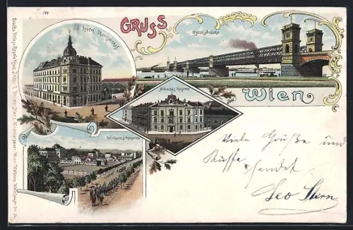 Lithographie Wien, Hotel Theresienhof, Albrechts Kaserne, Reichsbrücke