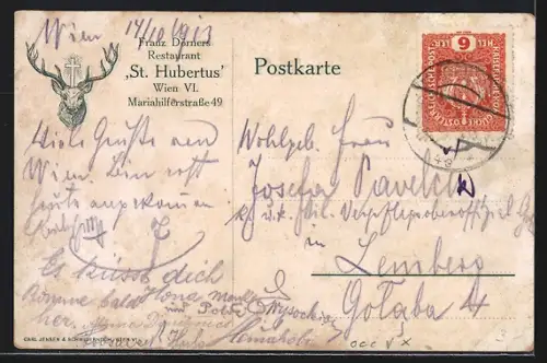 AK Wien, Josef Dörners Restaurant St. Hubertus, Speisesaal, Mariahilferstrasse 49