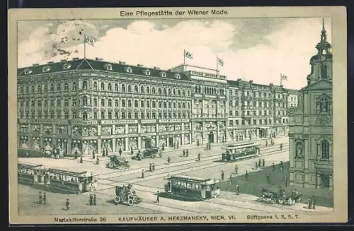 AK Wien, Kaufhäuser A. Herzmansky, Mariahilferstrasse 26, Strassenbahnen