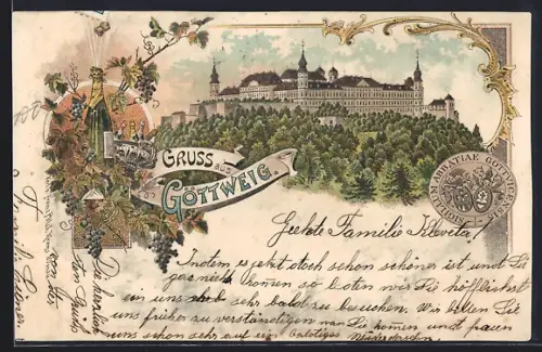 Lithographie Göttweig, Blick auf die Burg, Sektflasche, Weinrebe