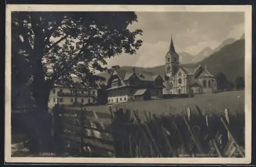 AK Ramsau am Dachstein, Ortsansicht mit Kirche und Hotel Ramsauhof