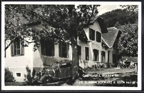 AK Puch bei Weiz, Gasthaus Zum Ackerwirt am Kulm, Inh. Aug. un. Anna Schwarz, Automobil