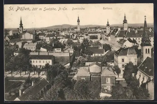 AK St. Pölten, Blick auf den Ort mit Domkirche und Rathaus