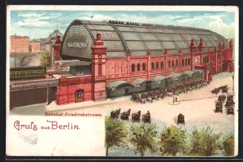 Künstler-AK Berlin, Bahnhof Friedrichstrasse aus der Vogelschau