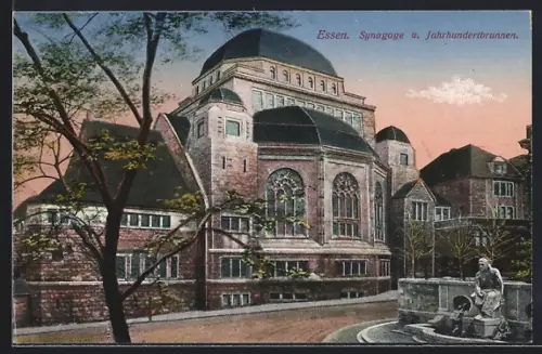 AK Essen, Synagoge & Jahrhundertbrunnen