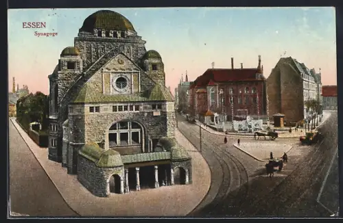 AK Essen, Synagoge mit Strassenpartie