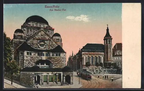 AK Essen /Ruhr, Synagoge am Steeler-Tor mit Strassenbahn