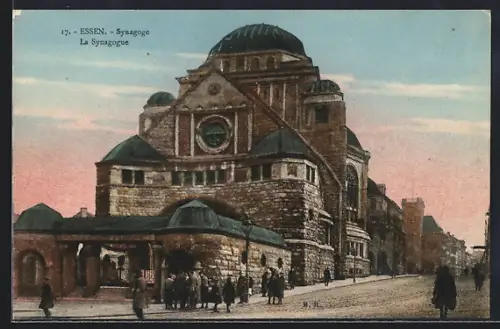 AK Essen, Synagoge mit Strassenpartie