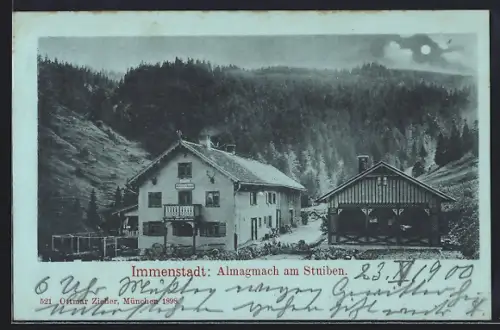 Mondschein-AK Immenstadt, Gasthaus zum Almagmach am Stuiben