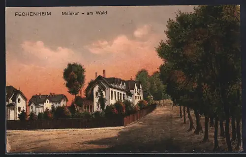 Künstler-AK Frankfurt-Fechenheim, Mainkur, Strassenpartie am Wald