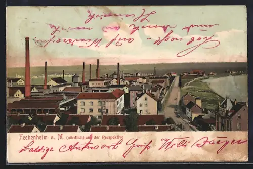 AK Frankfurt-Fechenheim, Strassenpartie mit Fabriken nördlich